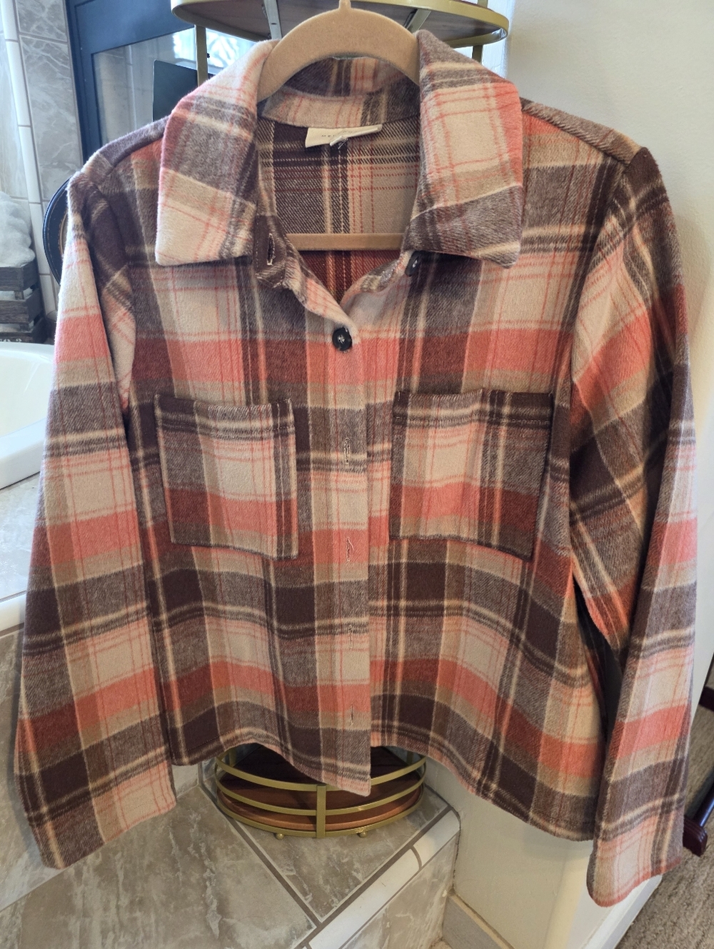 MELLODAY Plaid Jacket in Brown, Cream And Coral